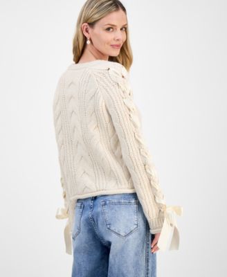 Petite Round-Neck Satin-Bow-Sleeve Sweater, Macy's Exclusive 