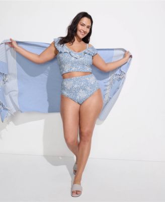 Plus Size Pique Ruffle Midkini Top and High Waisted Bottom Swimsuit Set