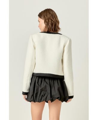 Women's WHITE & BLACK COLLARLESS TWEED JACKET