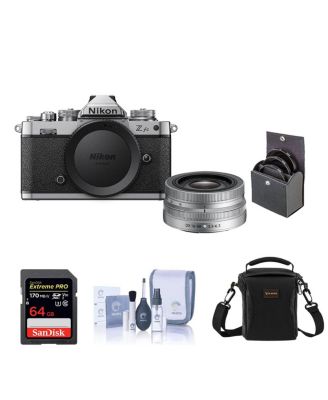 Z fc DX-Format Mirrorless Camera with NIKKOR Z DX 16-50mm f/3.5-6.3 VR Lens, Silver Bundle with 64GB SD Card, Shoulder Bag, Filter Kit, Cleaning