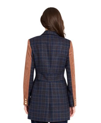 Women's Mixed Media Plaid One-Button Jacket