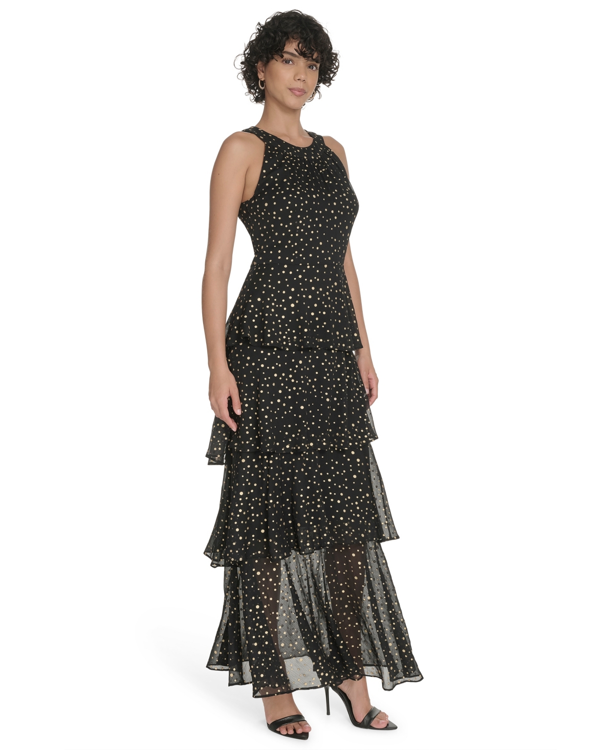 Tommy Hilfiger Metallic Dot Sleeveless Tiered Chiffon Maxi Dress In Black