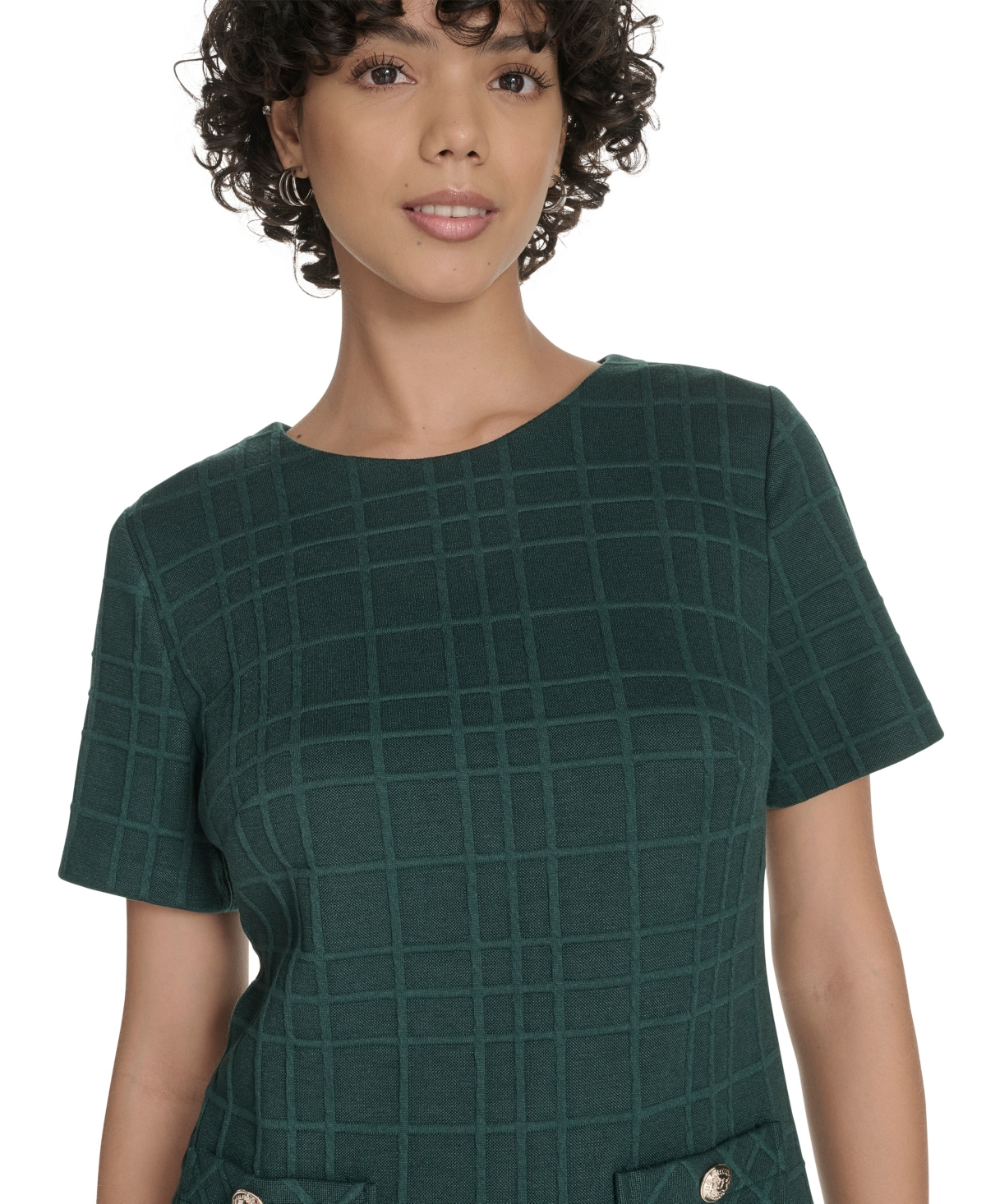 Tommy Hilfiger Windowpane Short Sleeve Shift Dress In Green