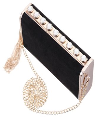 Crystal Ornamented Minaudiere Tassel Lift Lock Clutch
