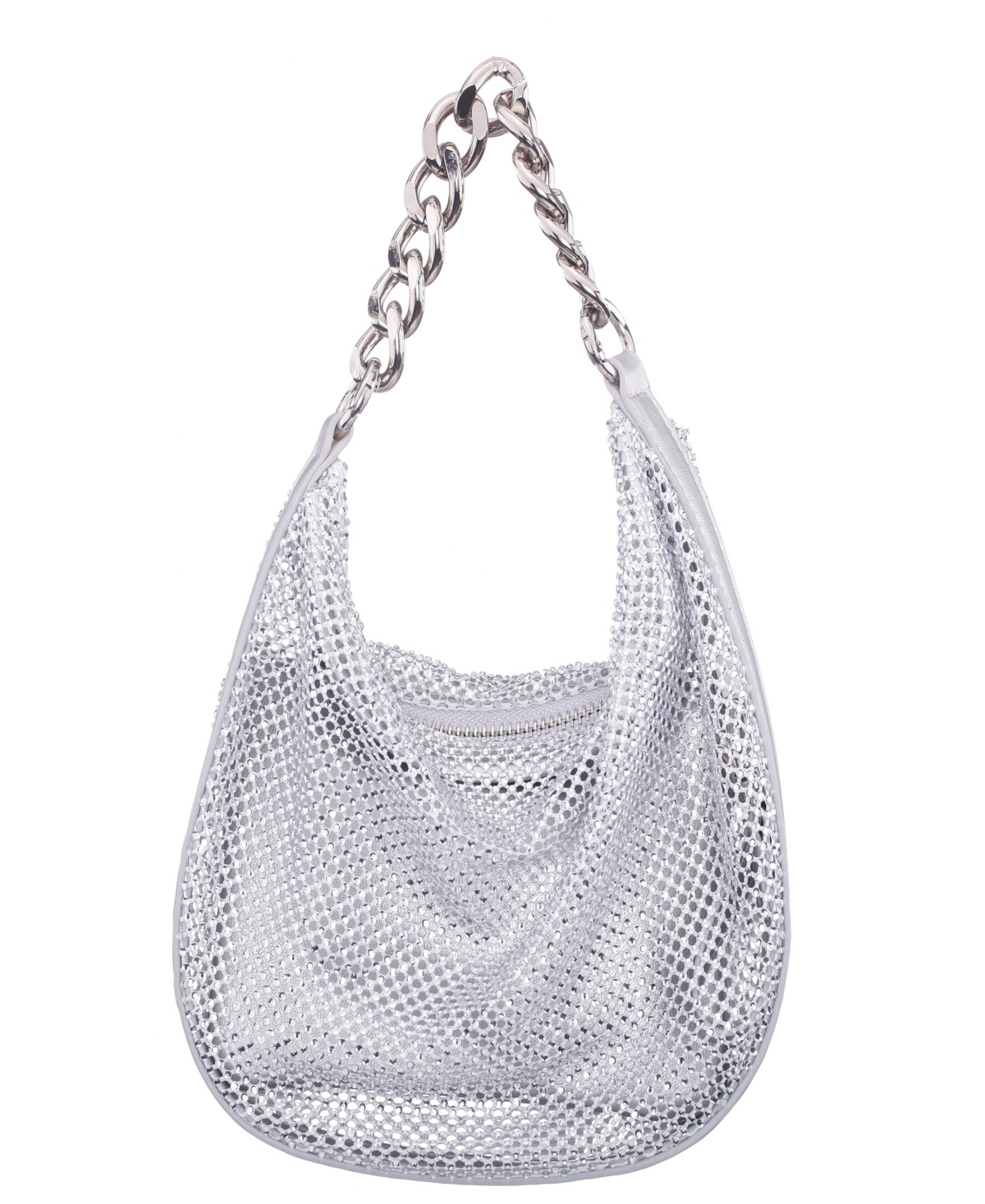 Nina Crystal Mesh Zipper Hobo Bag In Silver