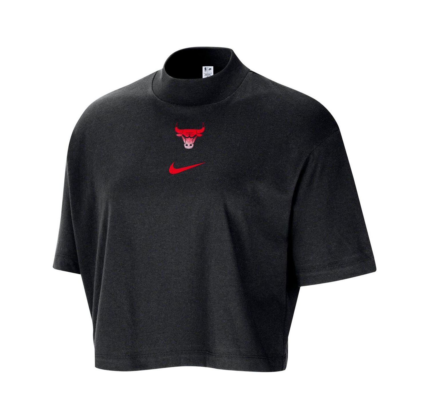 Women's Black Chicago Bulls Courtside Mock Neck Loose Fit Cropped T-Shirt