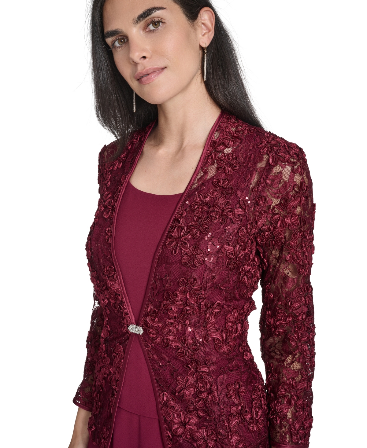 Jessica Howard Women's Soutache Jacket & Jewel-neck Midi Dress In Burgundy