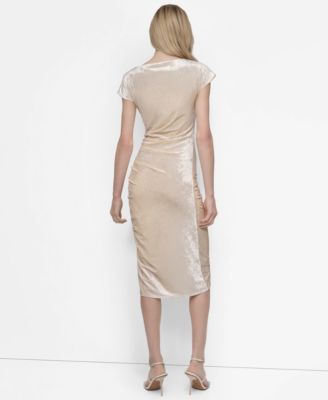 Women's Cap Sleeve Ruched Velvet Midi Dress