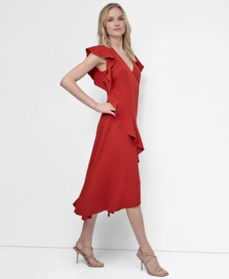 Women's Ruffle Sleeve V Neck Midi Dress