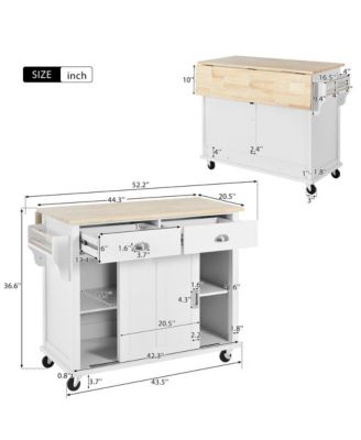 52" Rolling Kitchen Island with Drop Leaf, Sliding Barn Door & Adjustable Storage, Mobile Cart with Towel & Spice Rack-Maison Boucle
