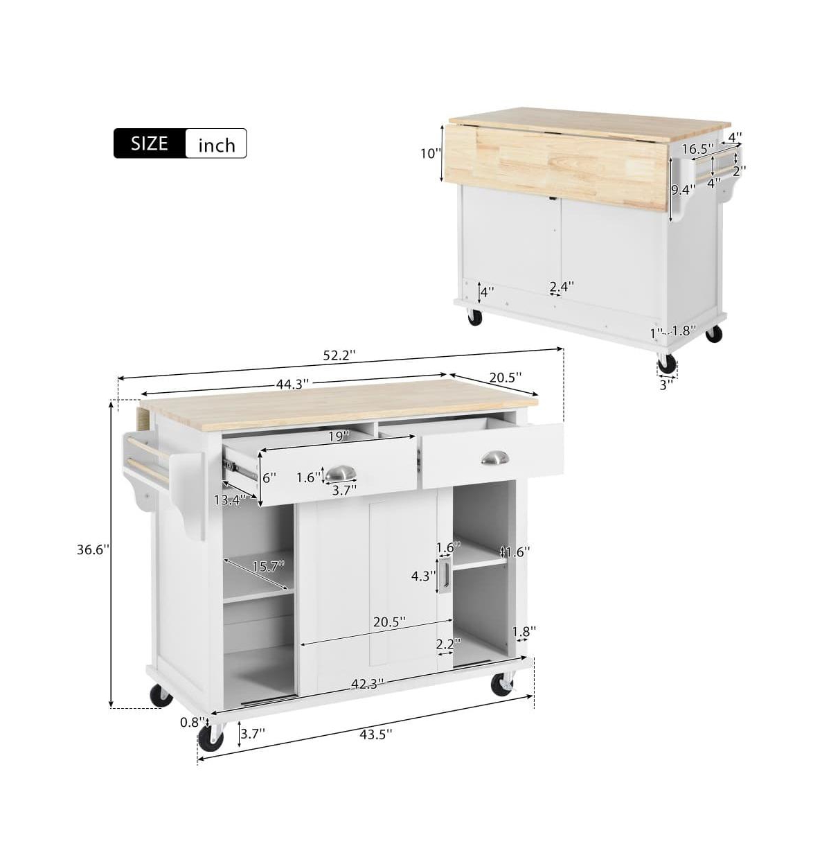 Maison Boucle 52" Rolling Kitchen Island with Drop Leaf, Sliding Barn Door & Adjustable Storage, Mobile Cart with Towel & Spice Rack-Maison Boucle