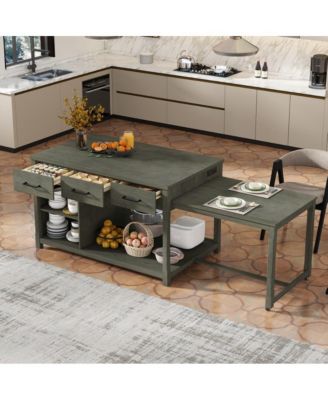 60" Extendable Kitchen Island with Power Outlets, Pull-Out Table & Drawers, Rolling Retro Kitchen Cart with USB Ports-