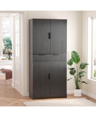 72" Fluted Pantry Cabinet - Keyboard Drawers & Adjustable Shelves Black
