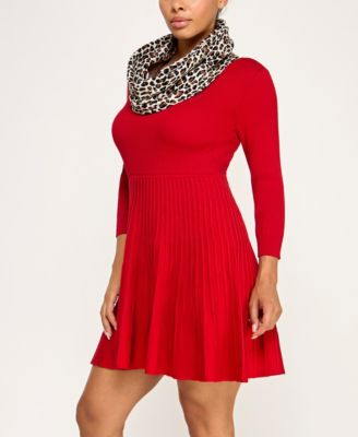 Juniors' Detachable Scarf Fit & Flare Sweater Dress