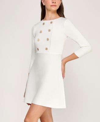 Juniors' 3/4-Sleeve Chain Neck Fit & Flare Sweater Dress