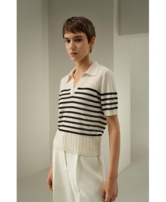 Women's Striped Cashmere Polo Sweater