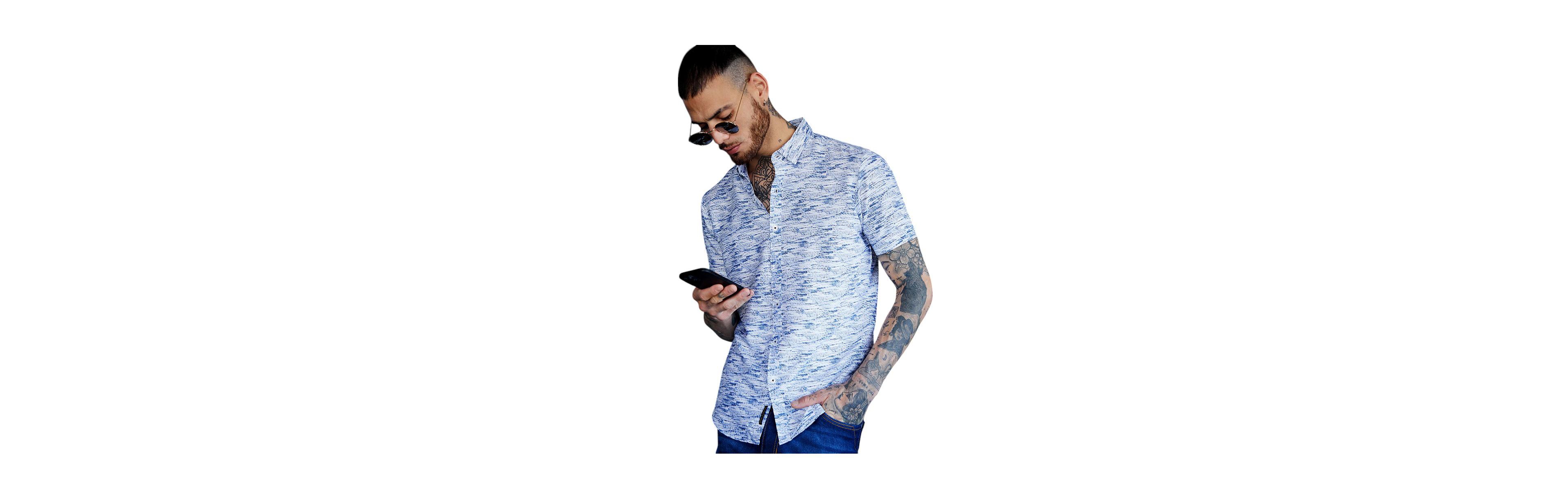 Campus Sutra Men's Chalk White & Indigo Blue Textured Tactile Shirt