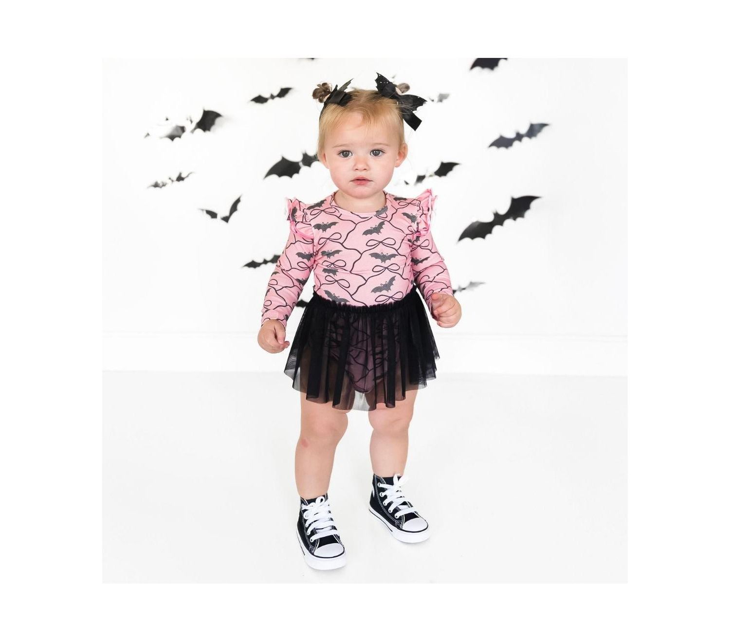 Baby Girls Bat Trellis Printed Halloween Long Sleeve Tutu Bodysuit