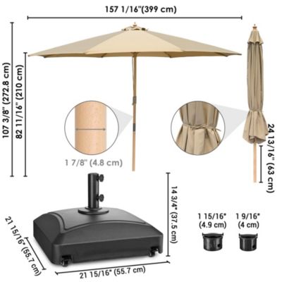 13ft XL Heavy Duty Solid Wood Outdoor Patio Umbrella with Base Parasol Wheels Stand for Bistro Market Table Garden Deck Yard Poolside Tan