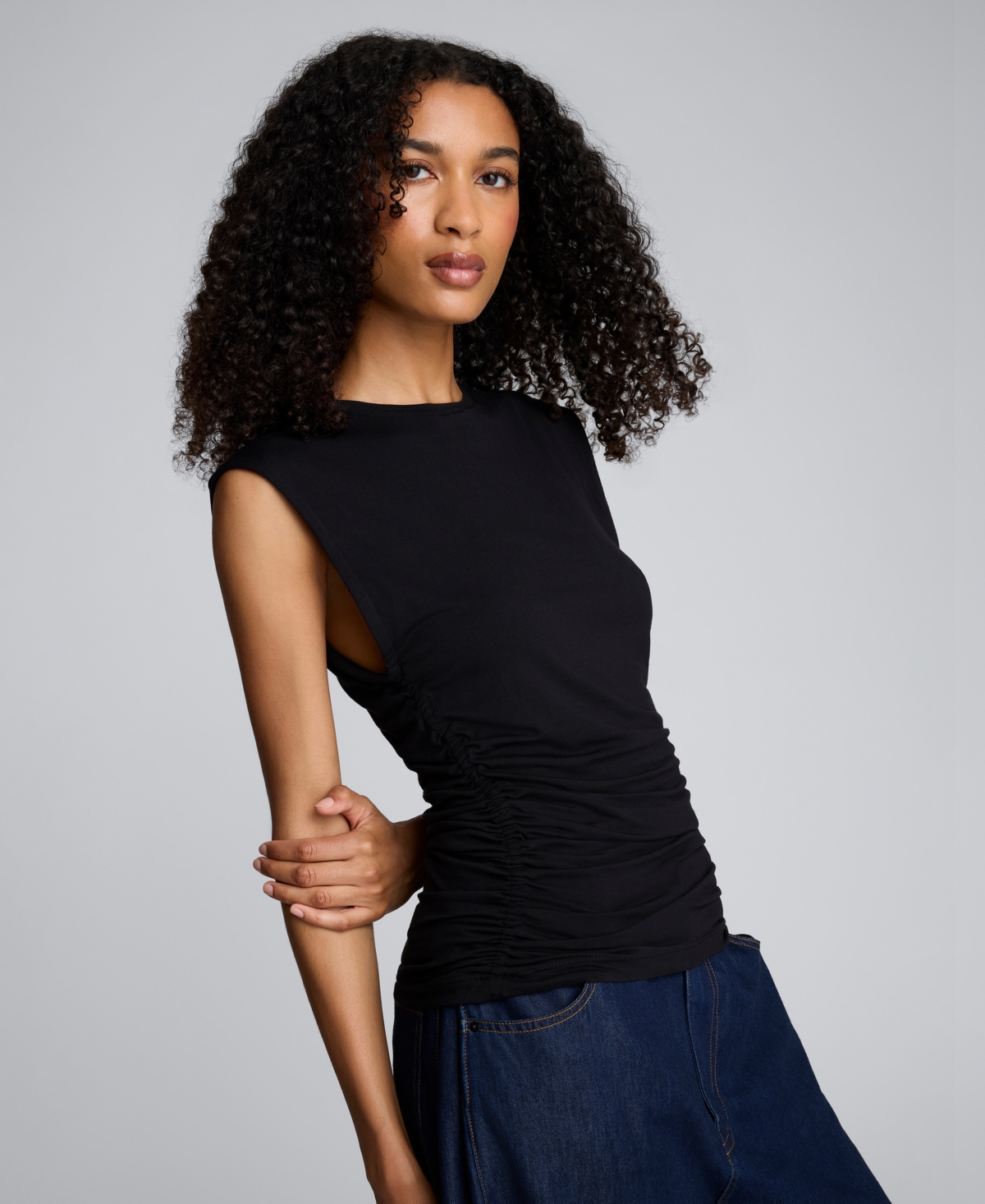 Kenneth Cole Sleeveless Side Rouched Knit Top In Black
