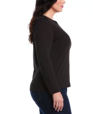 Plus Size Woven Trim Split V-Neck Long Sleeve Top