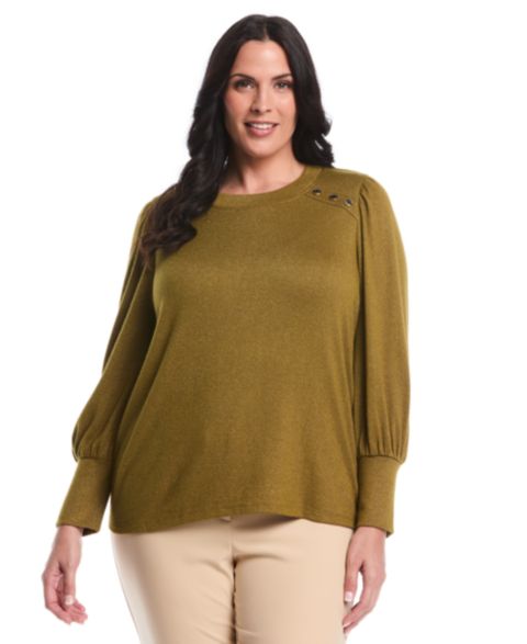 Женский топ Rafaella Plus Size Metallic Puff Long Sleeve Crew Neck, цвет: Зелёный