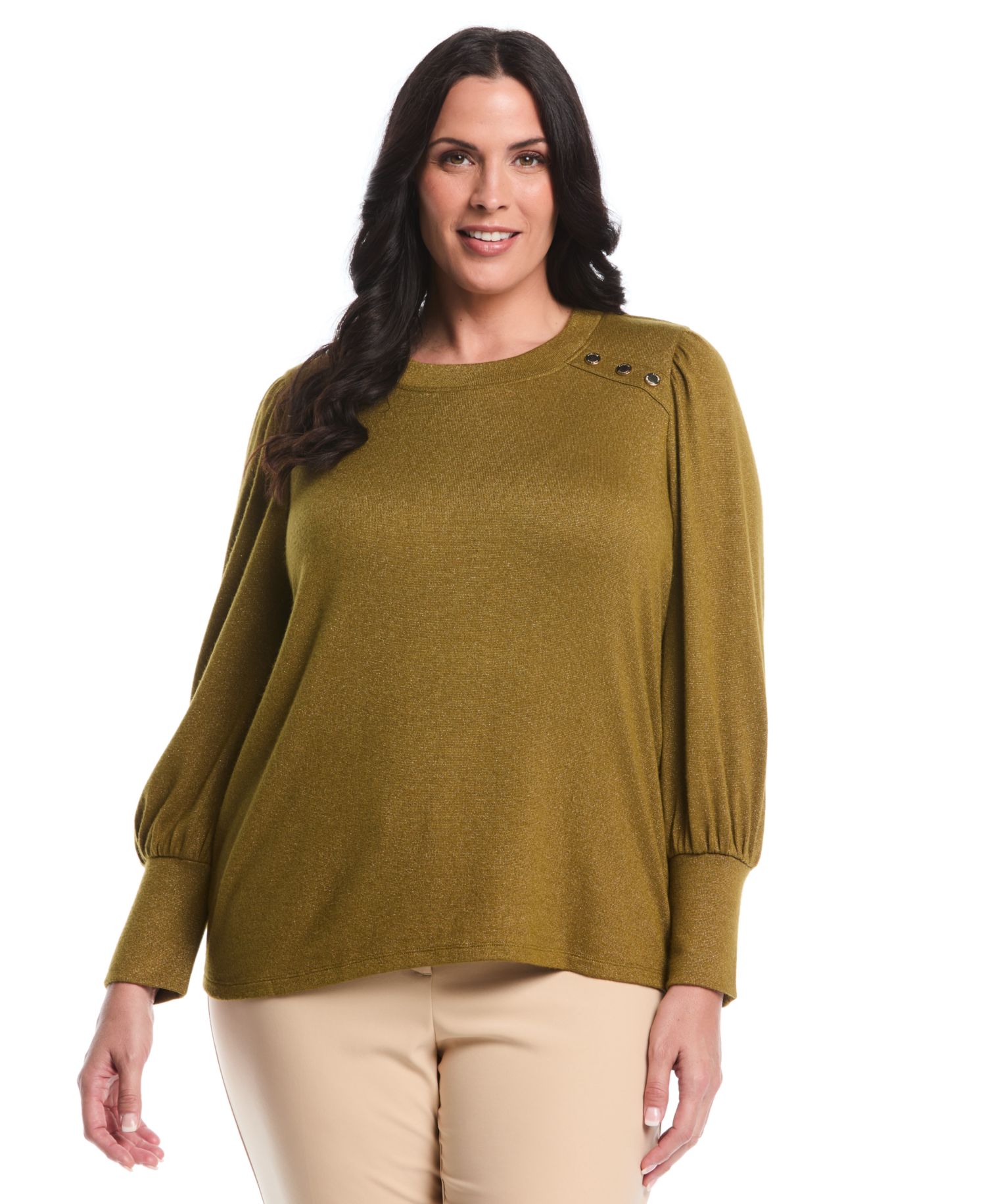 Plus Size Metallic Puff Long Sleeve Crew Neck Top