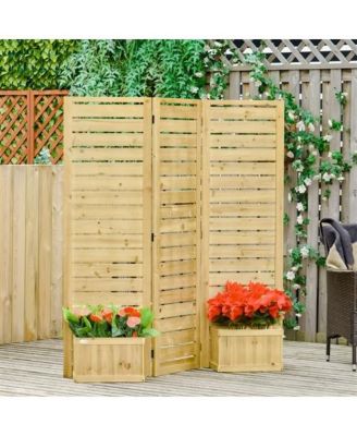 3-Panel Fir Wood Outdoor Privacy Screen with 4 Garden Bed Planters for Patio