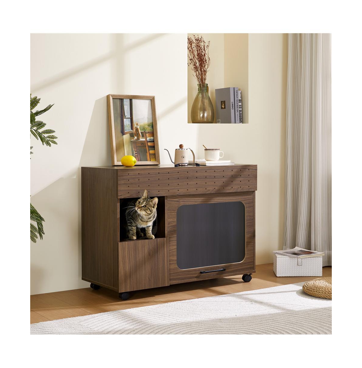 Aostirmotor 35.5 in. Wooden Multi-use Cat litter box house with Storage Made flip-up door in Walnut