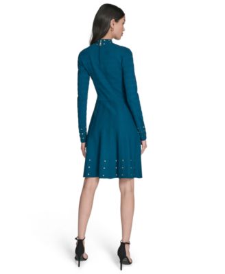 Petite Mock-Neck Embellished Fit & Flare Dress