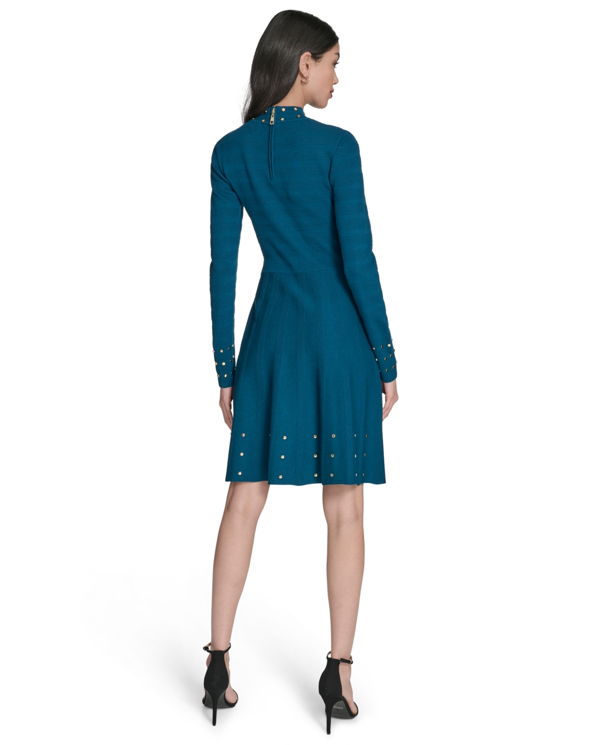 Vince Camuto Petite Mock-neck Embellished Fit & Flare Dress In Blue