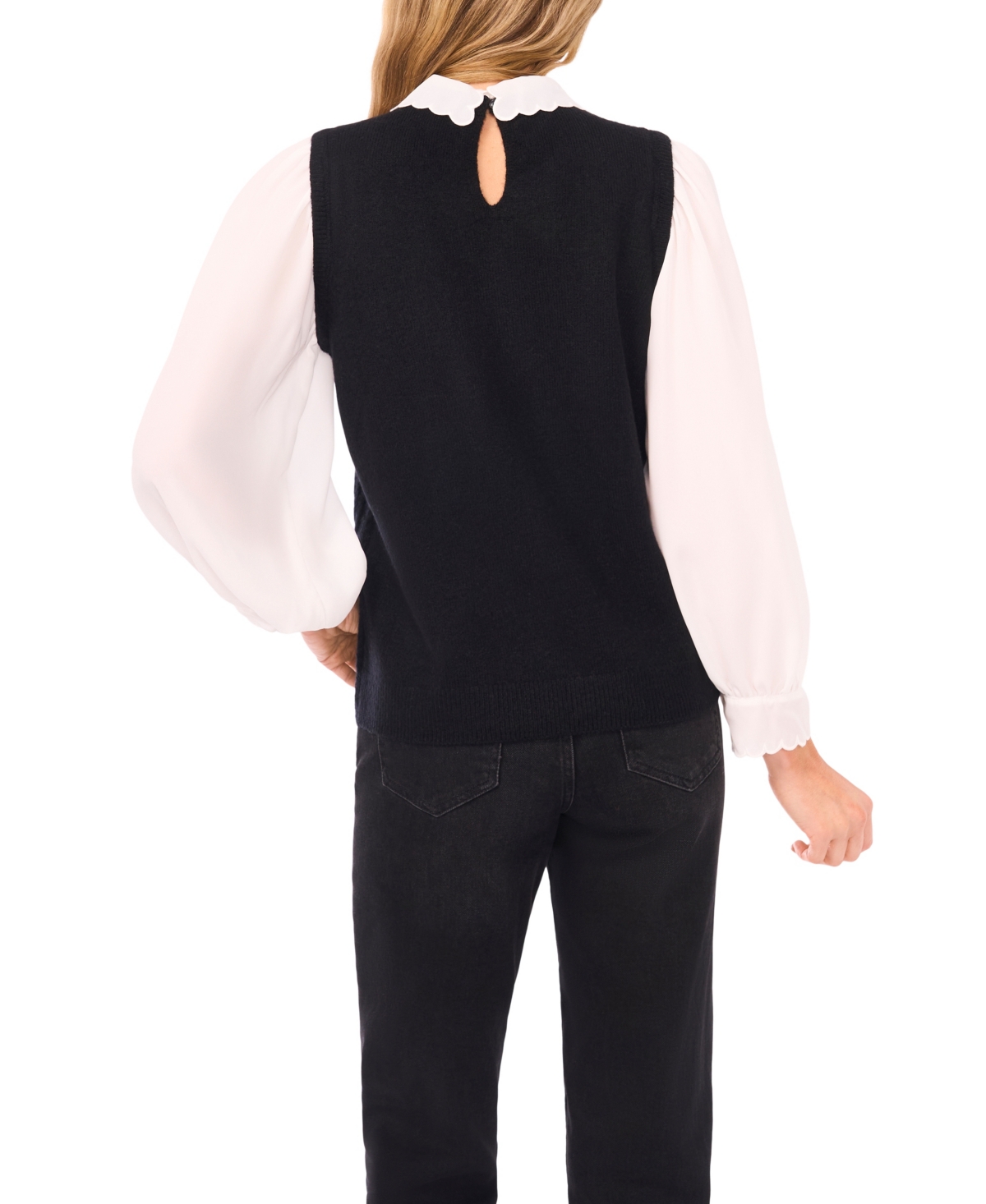 Cece Women's Scallop Edge Twofer Long Sleeves Sweater In Black