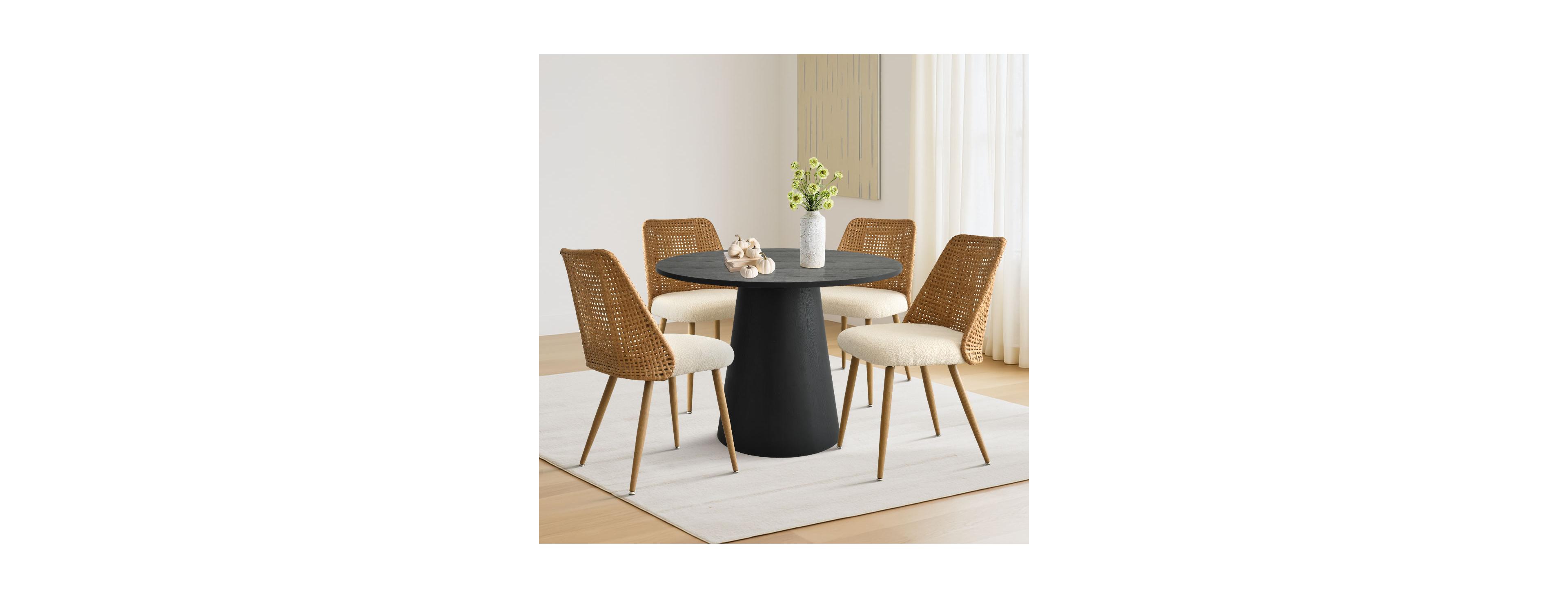 5-Piece 35 Inch Round Dining Set with Pedestal Table and 4 Upholstered Faux Rattan Chairs Elegant Space Saving for Small Rooms-Maison Boucle