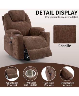 Lift Recliner Chair with Massage, Heat & USB Charging, Chenille Upholstery, Cup Holders, 350 LBS Support