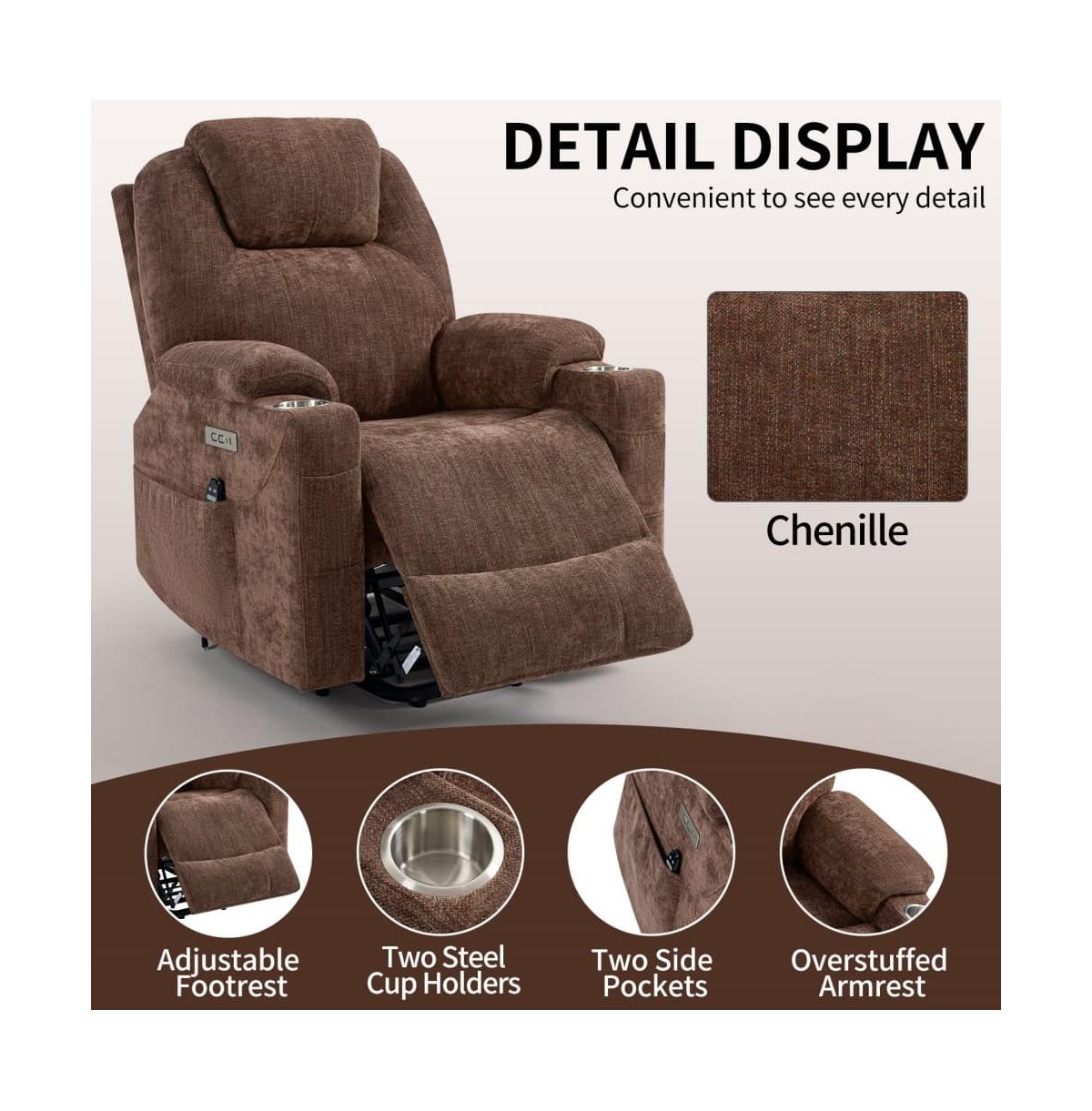 Lift Recliner Chair with Massage, Heat & Usb Charging, Chenille Upholstery, Cup Holders, 350 Lbs Support-Maison Boucle