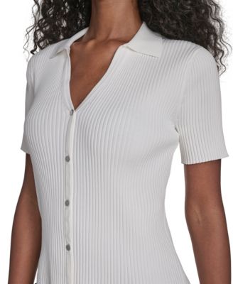 Petite Collared Short Sleeve Button Detailing Sweater