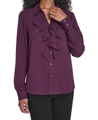 Petite Solid Long Sleeve Ruffle Front Blouse