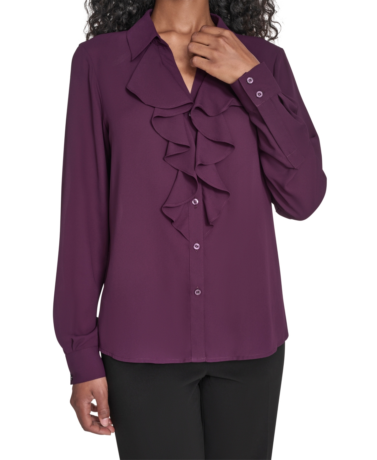 Calvin Klein Petite Solid Long Sleeve Ruffle Front Blouse