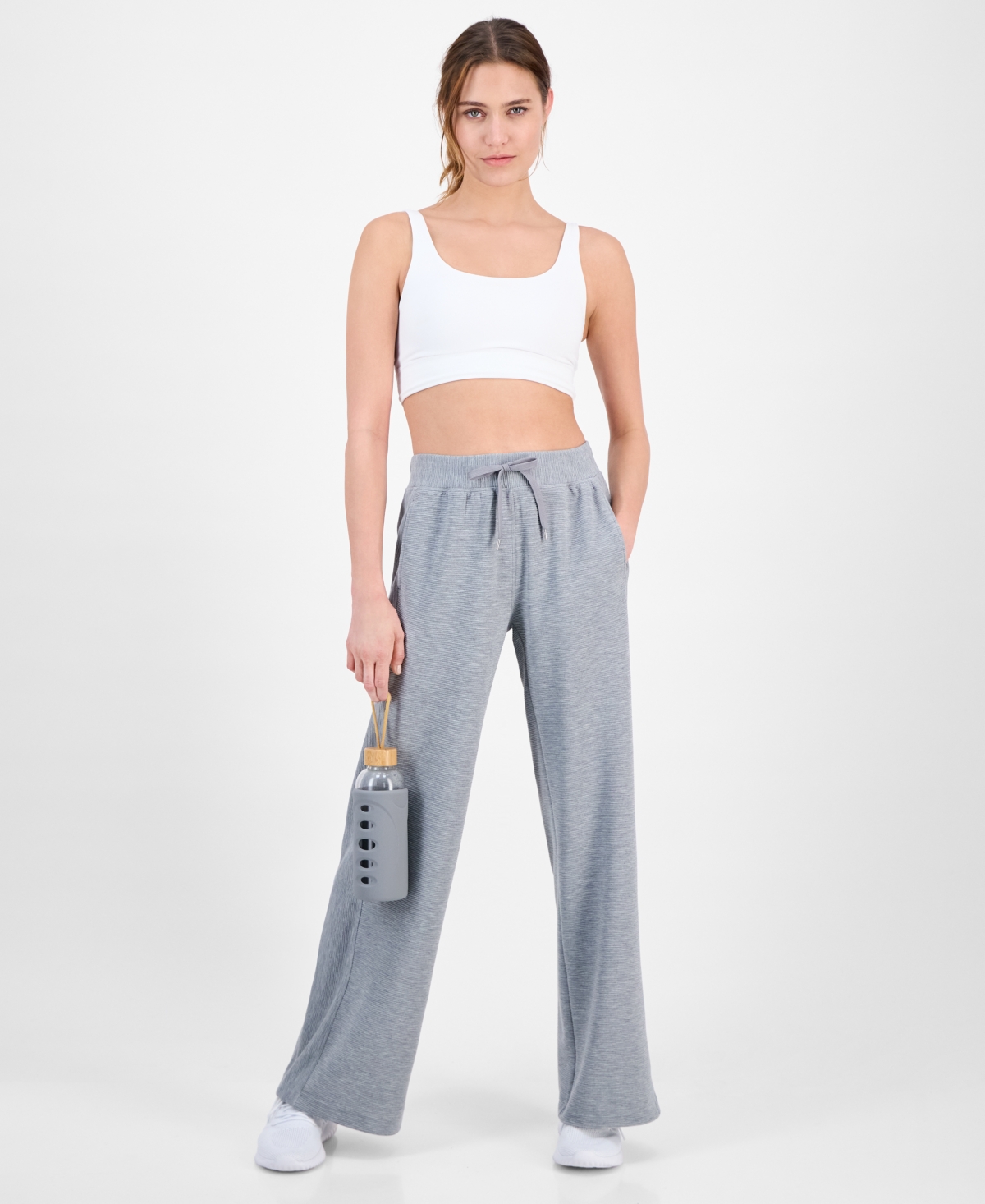 Id Ideology Women's Ribbed Knit Wide Leg Pants, Macy's Exclusive In Gray