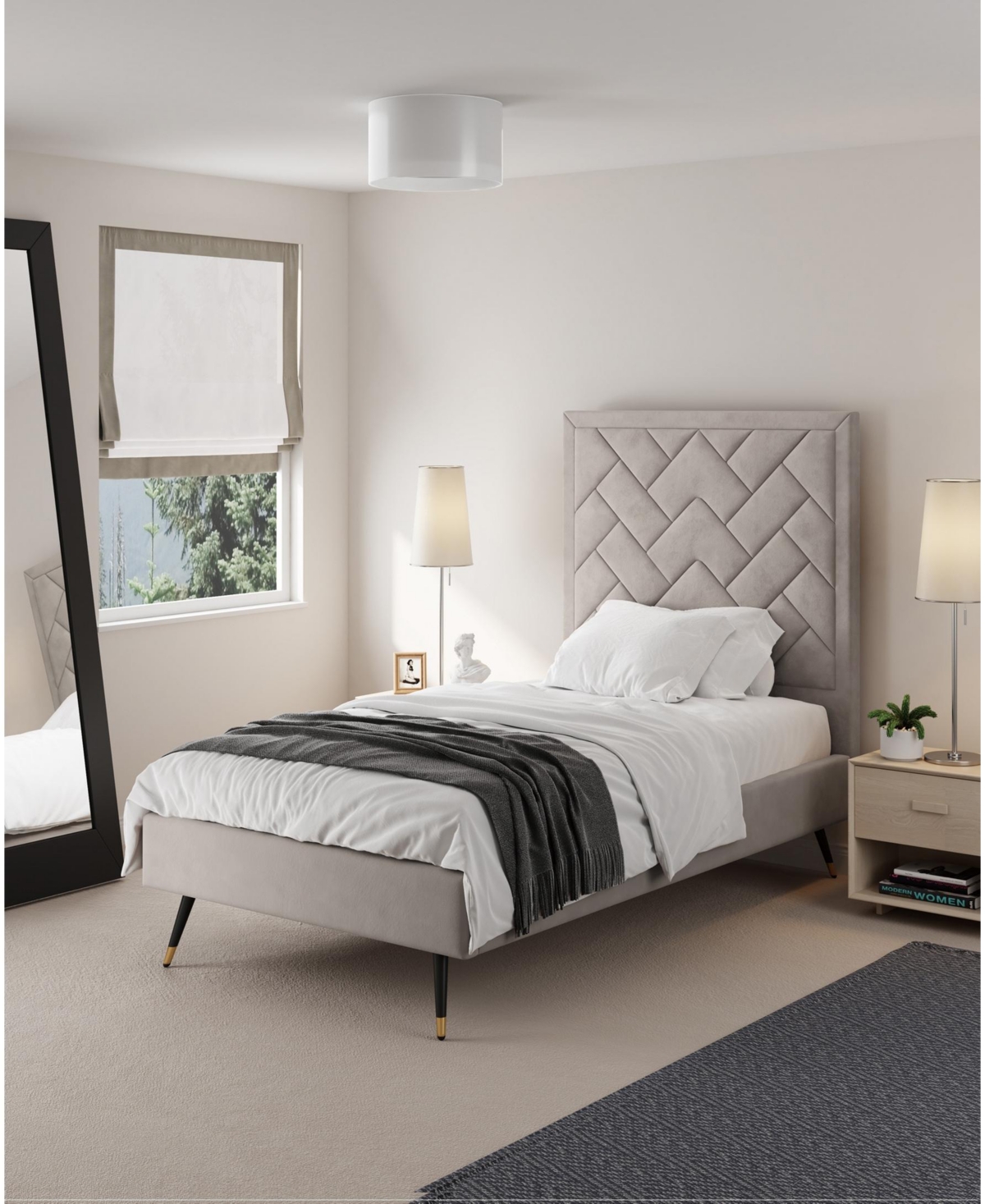Manhattan Comfort Crosby Modern Twin-size Velvet Upholstered Bedframe And Headboard In Gray