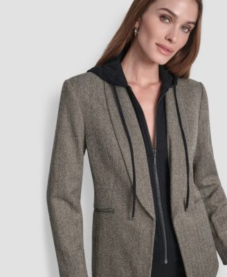 Petite Herringbone Pattern Fleece Hood Blazer