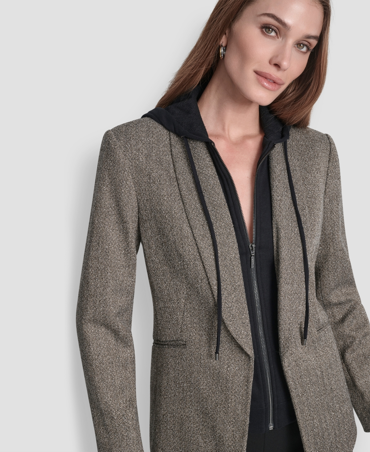 Dkny Petite Herringbone Pattern Fleece Hood Blazer In Animal Print