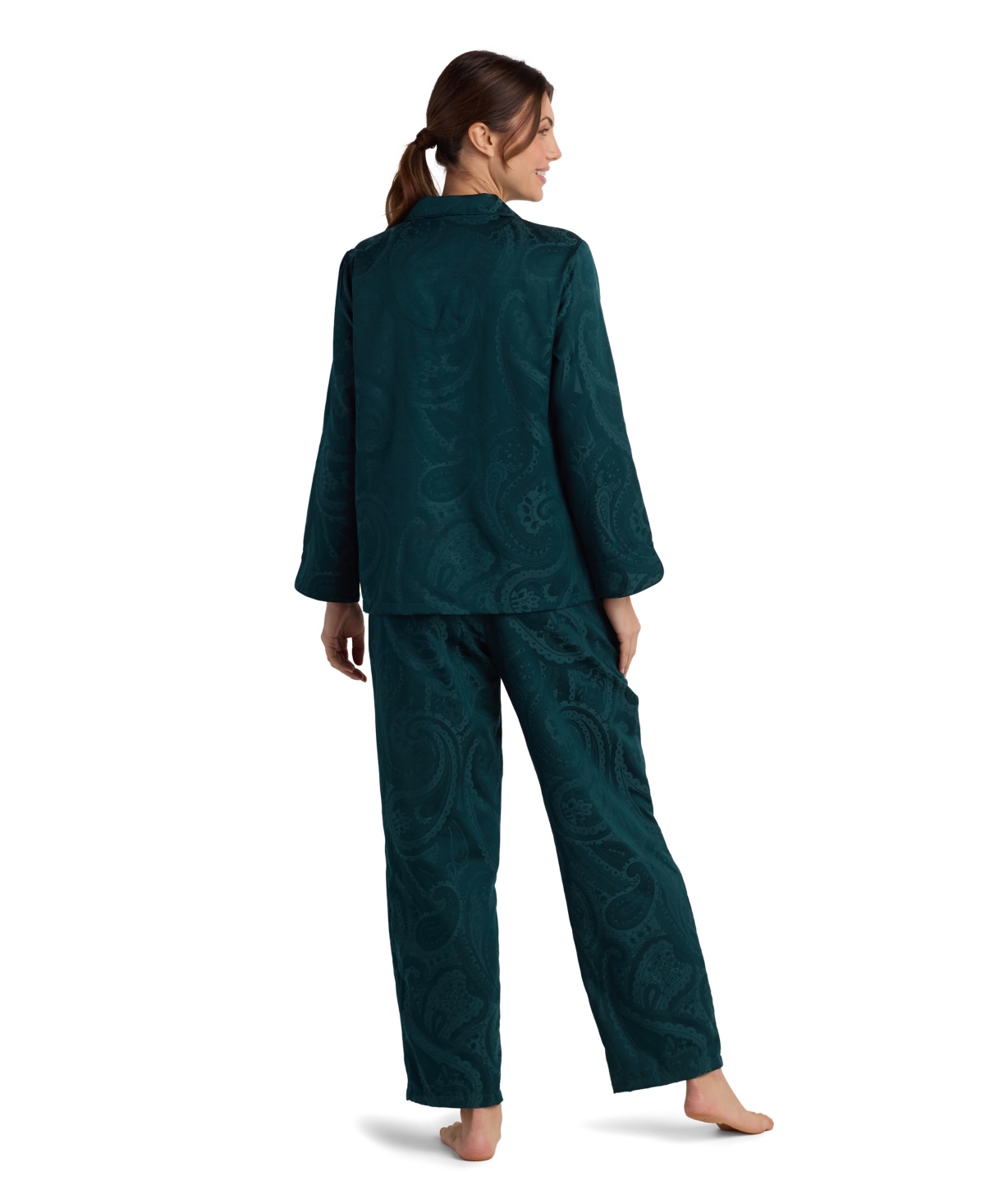 Miss Elaine Women's 2-piece Notch Collar Top And Pull-on Pants Pajama Set In Green