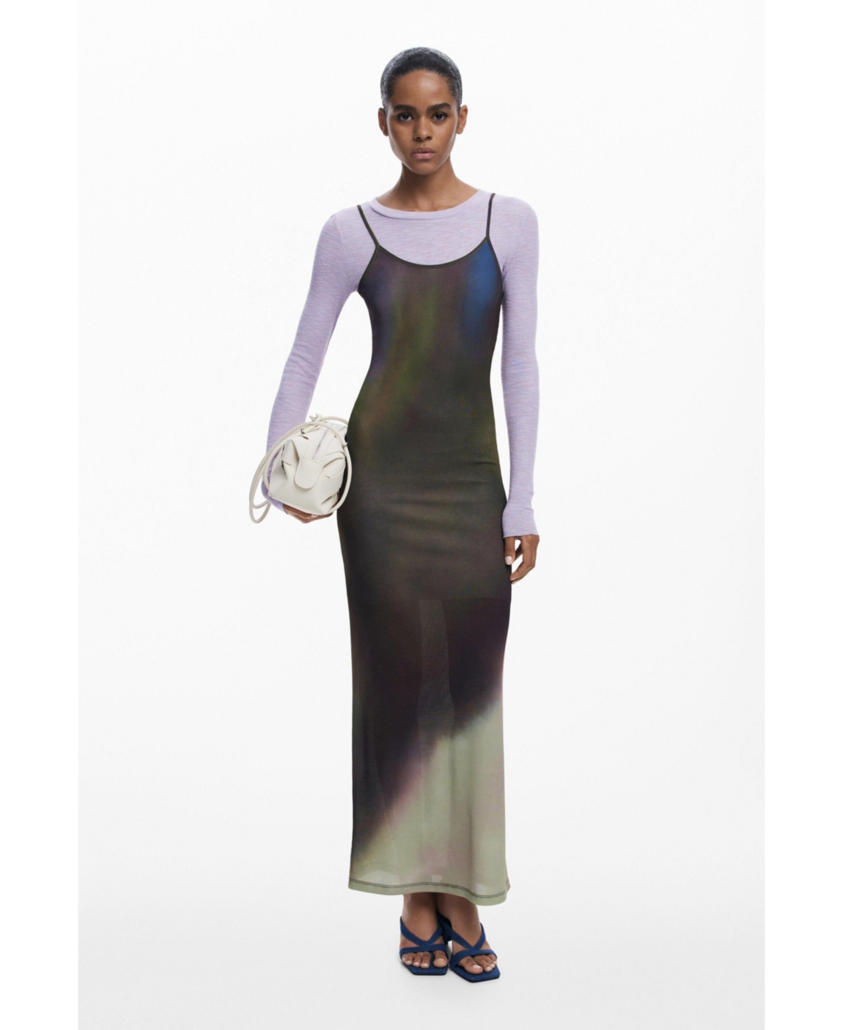 Desigual Maxi Slipdress And Long Sleeve Top Set In Gray