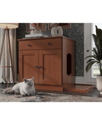 100% Solid Wood Ziva 2-Door Cat Litter Box Enclosure with Litter Catch