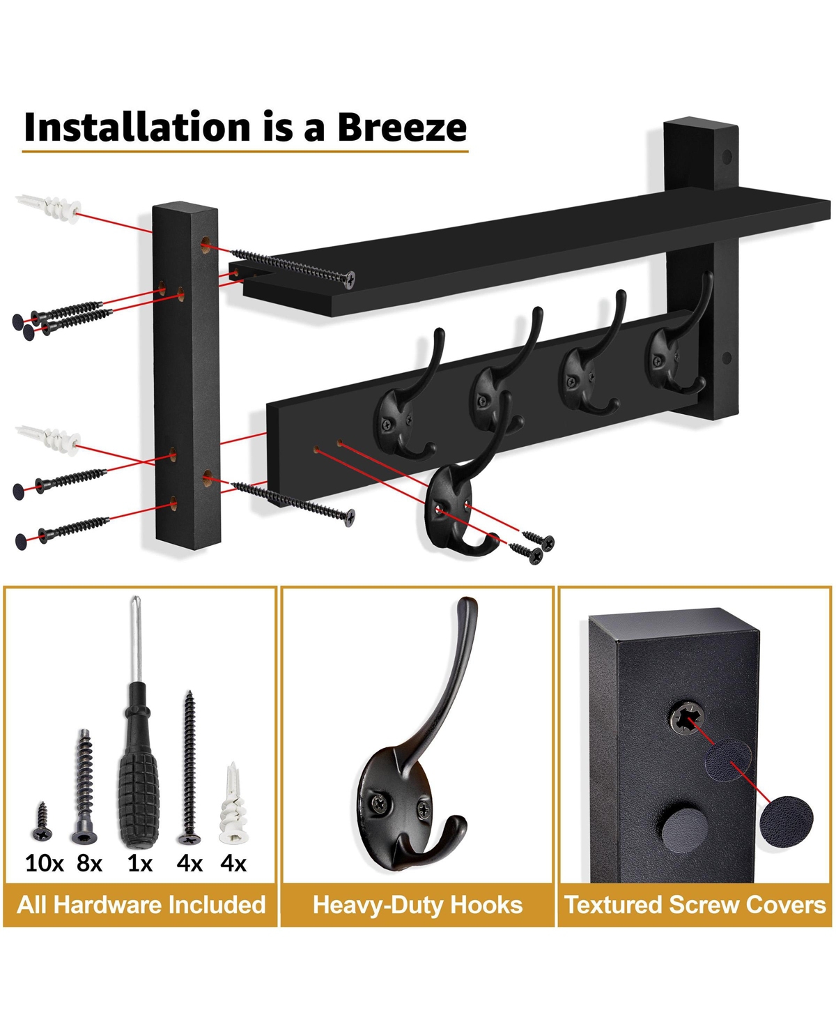 Sorbus Inch Floating Wall Shelf with 5 Heavy Duty Hooks – for Entryway, Bathroom, Bedroom, Kitchen