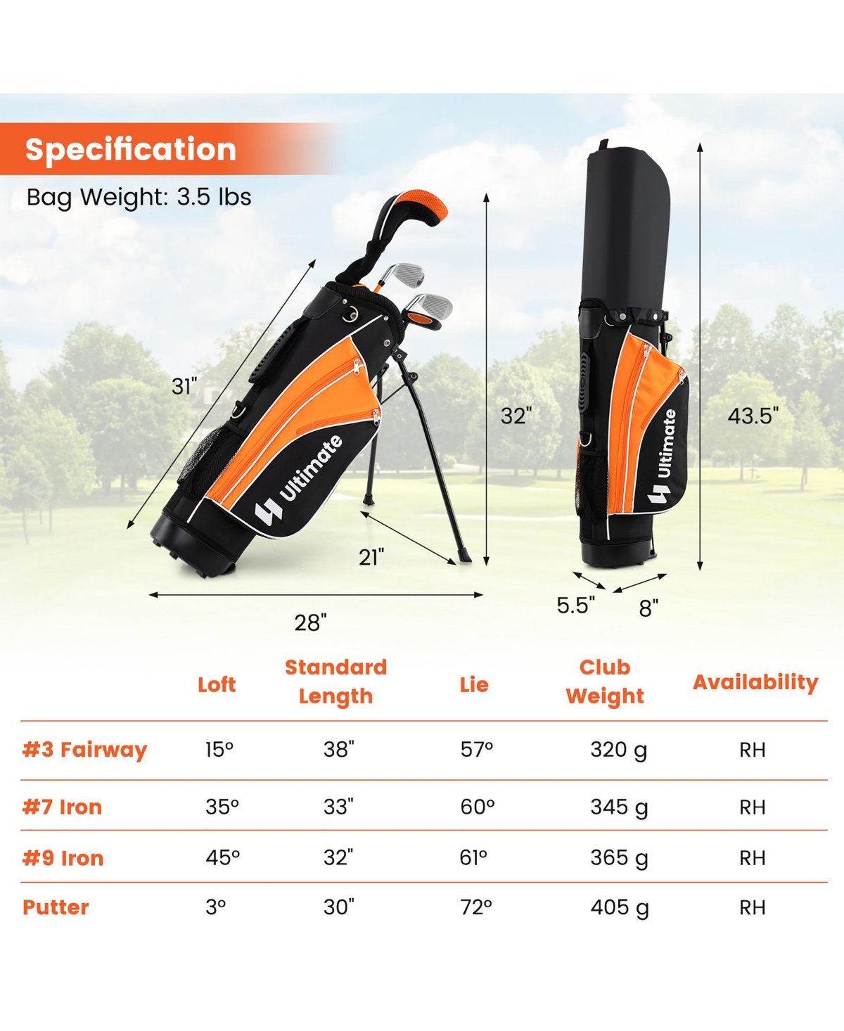 Gymax 31'' Portable Junior Complete Golf Club Set for Kid Age 8+ Set of 5