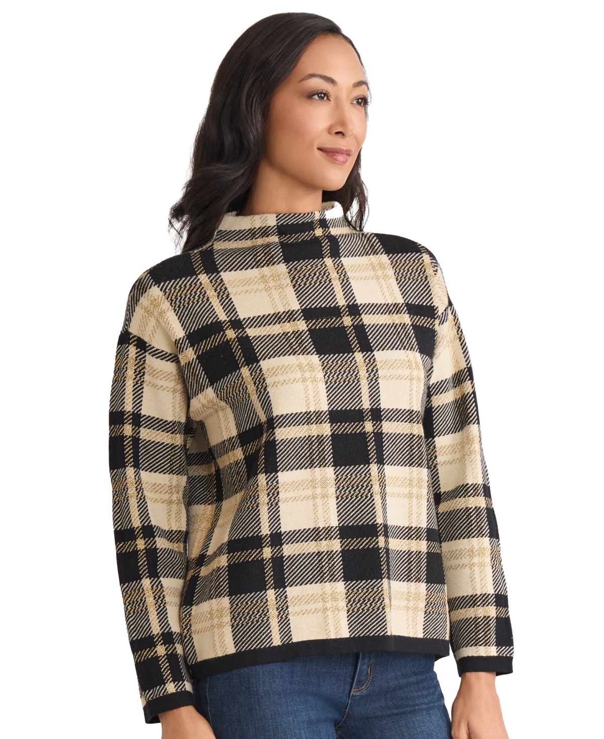 Jones New York Petite Plaid Long Sleeve Sweater In Multi