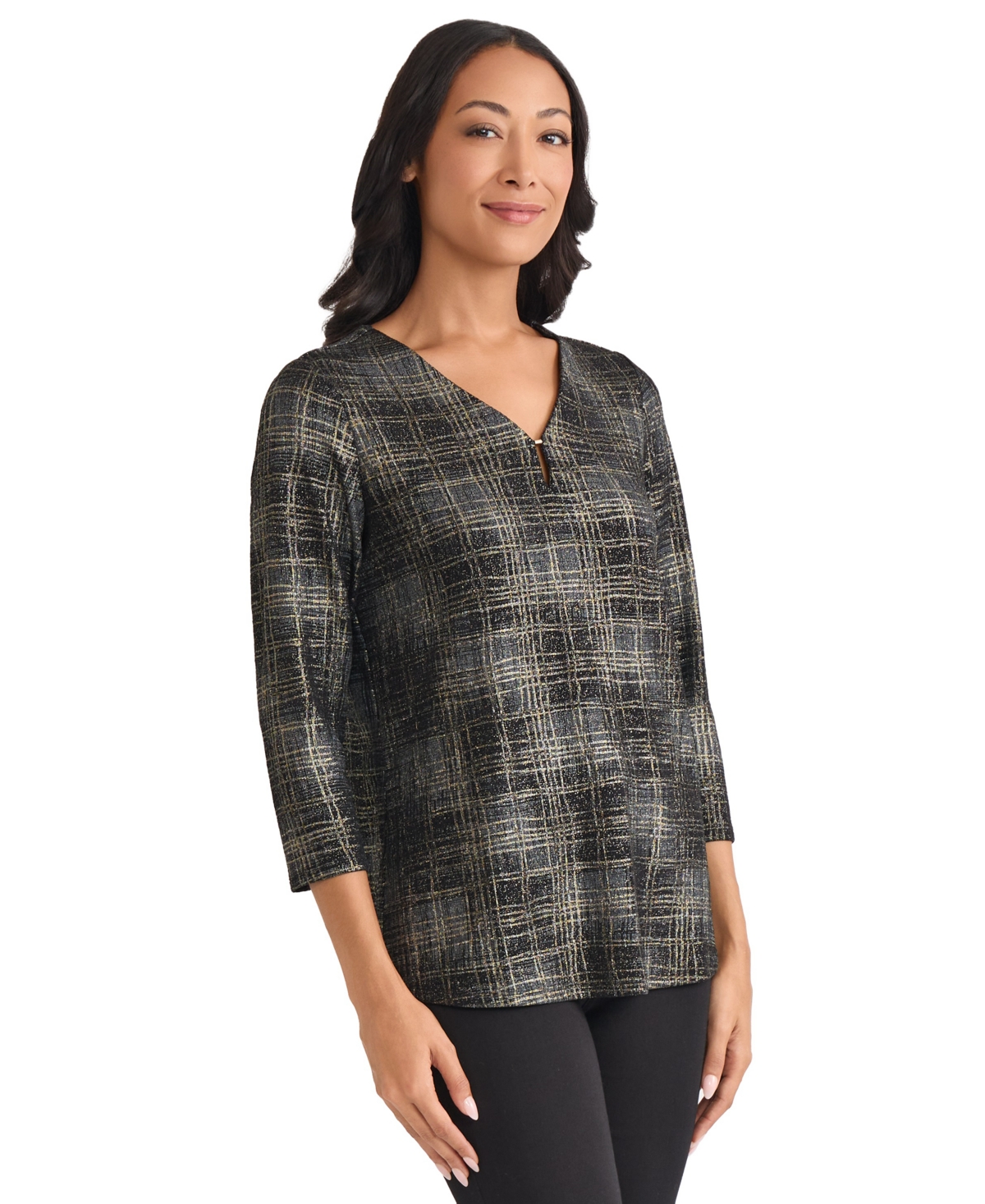 Jones New York Petite Two Tone Keyhole V-neck Top In Black