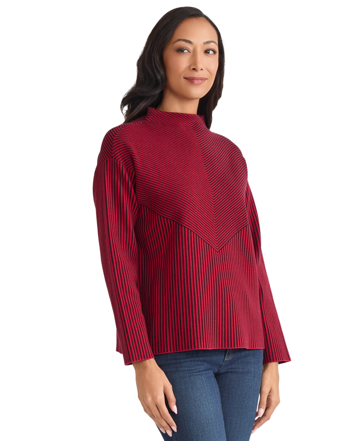 Jones New York Petite Striped Mock Neck Sweater In Red